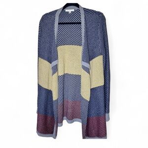 Cabi Chunky Knit Blue Yellow Duster Cardigan Sweater Womens L Open Front Fall